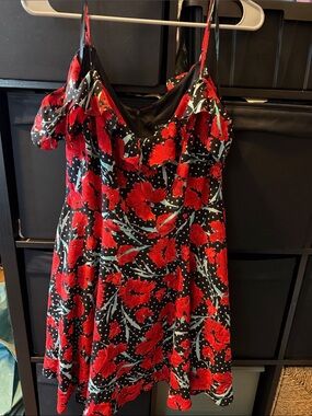 Black Floral Off Shoulder Dress with Red Blooms